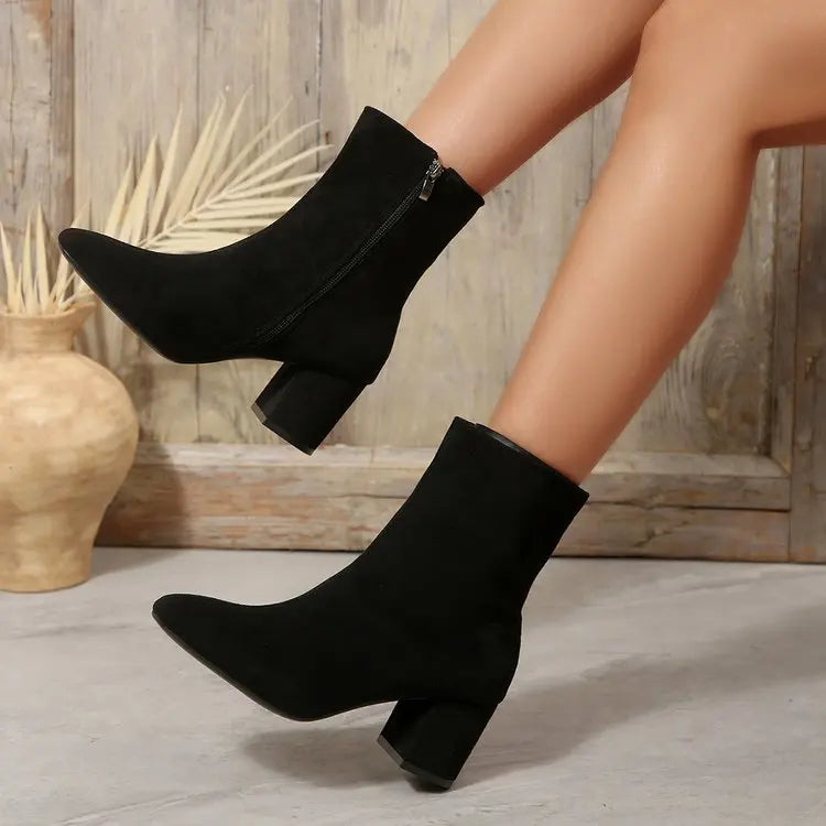 Faux Suede Ankle Boots | Side Zip & Block Heel | Braviixx