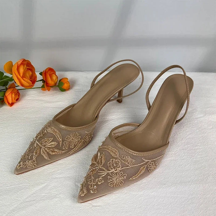 Floral Embroidered Mesh Stiletto Slingback Heels | Beige | Sizes 36–41