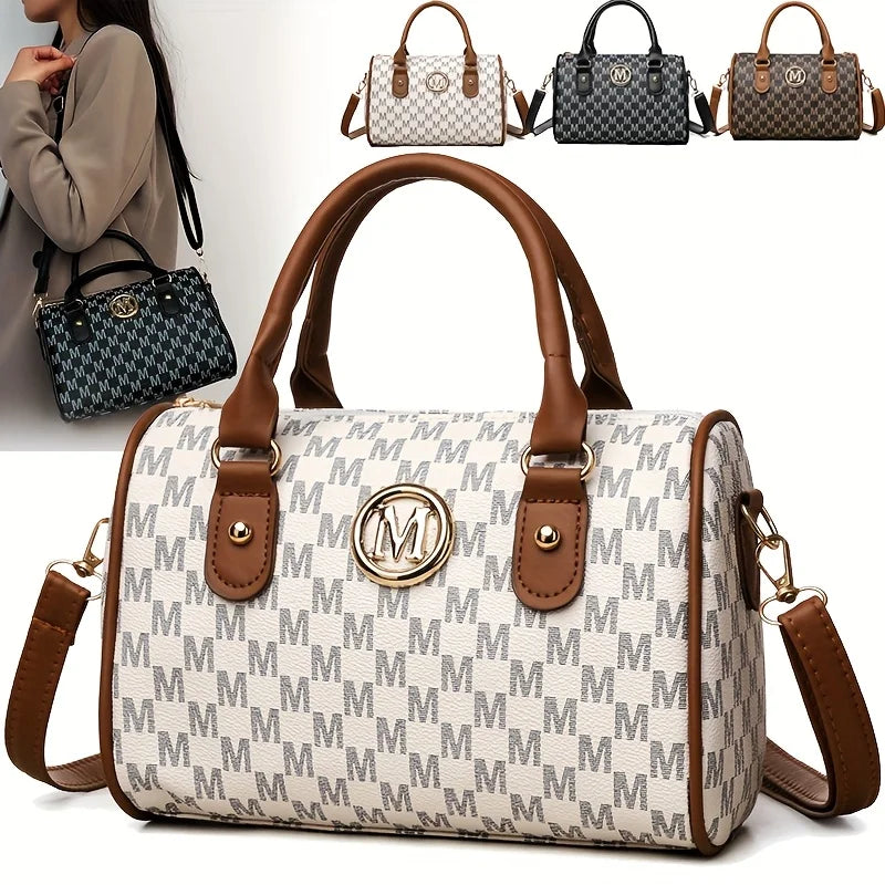 Letter-Print Barrel Crossbody Bag | Twin Handles & Zip Closure | Braviixx