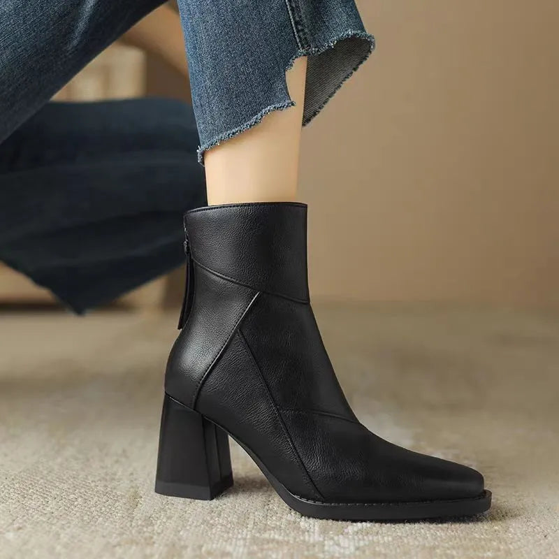 Square-Toe Ankle Boots | Back Zip & Block Heel | Braviixx