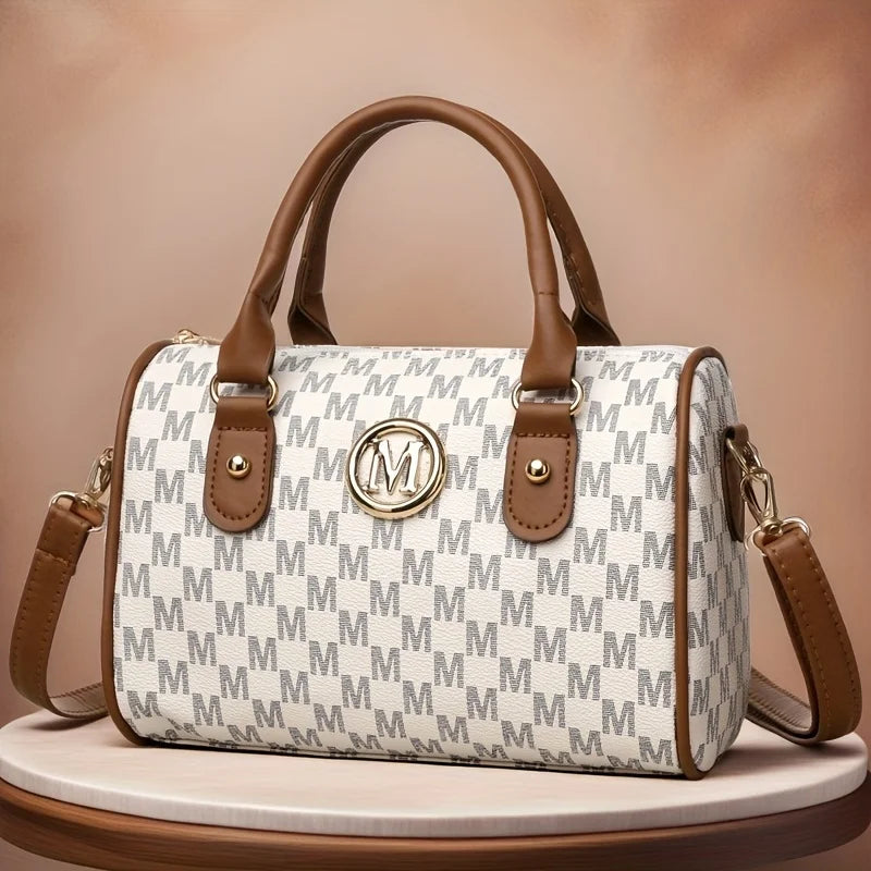 Letter-Print Barrel Crossbody Bag | Twin Handles & Zip Closure | Braviixx