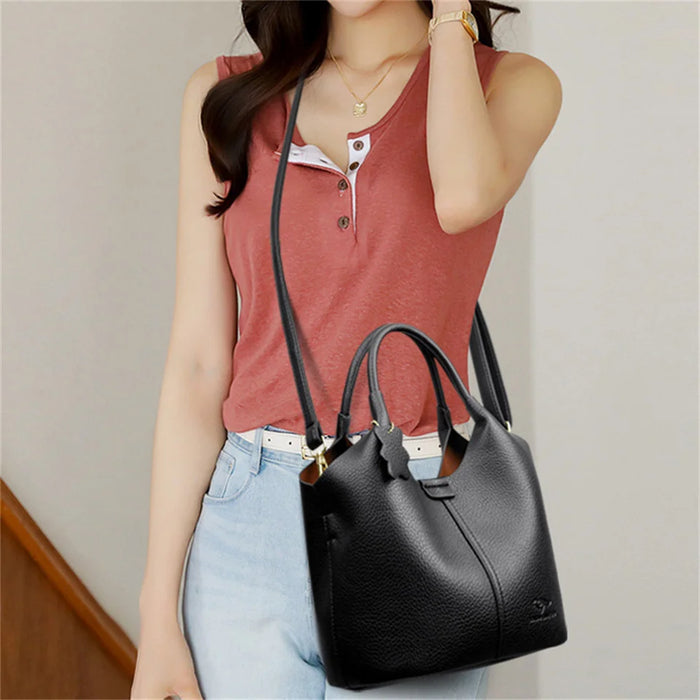 Women's Soft Pebbled PU Leather Hobo Tote Bag | Flower Charm | Dual Handles | Crossbody Strap | Large Capacity | Black · Grey · Khaki