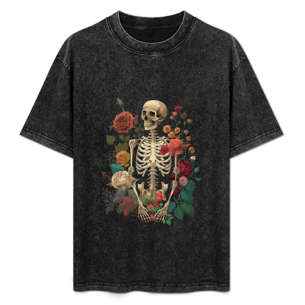 Vintage Washed Black Graphic Tee Women Men 2025 Summer New Broken Heart Floral Print Loose Casual Short Sleeve Harajuku Top