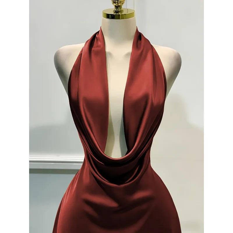 Satin Halter Mini Dress | Draped Neckline & Open Back | Braviixx