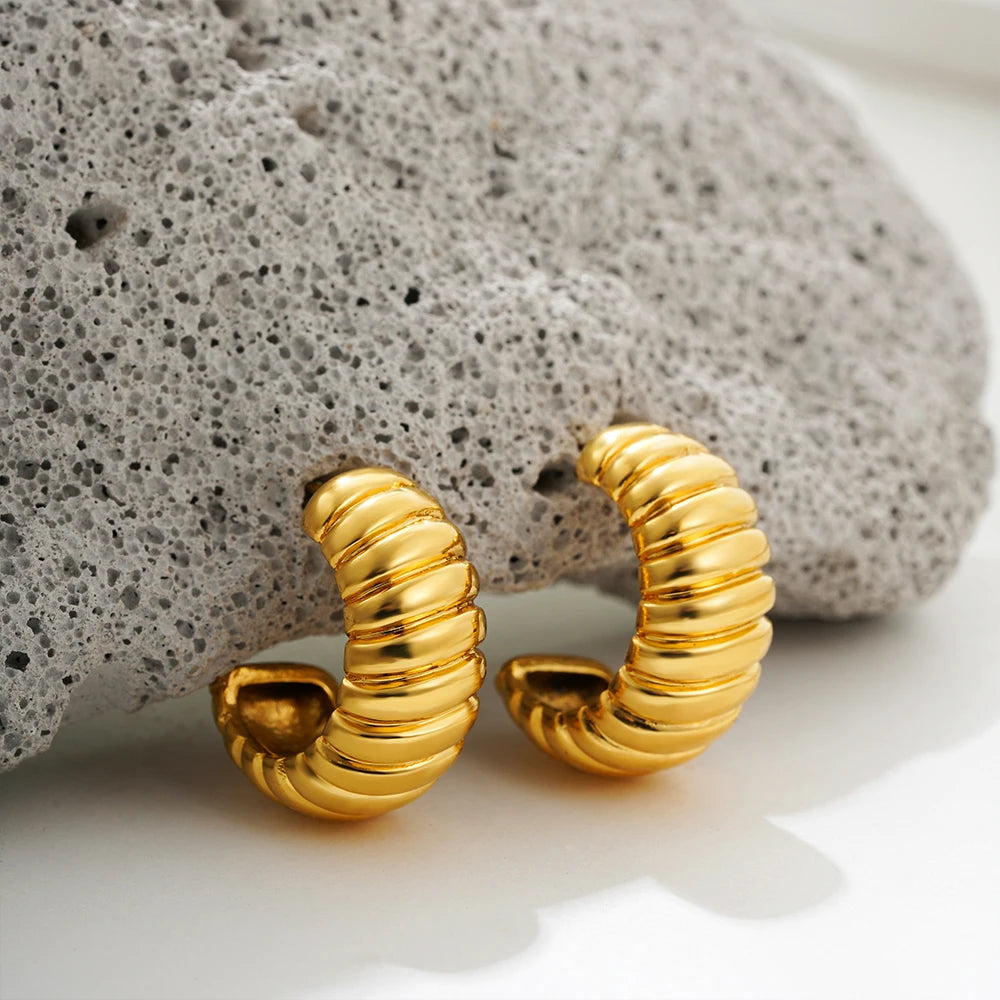 Vintage Texture Stripe C-shape Chunky Hoop Earrings for Women 18k Gold Plated Twisted Statement Hoops Fashion Jewelry Gifts