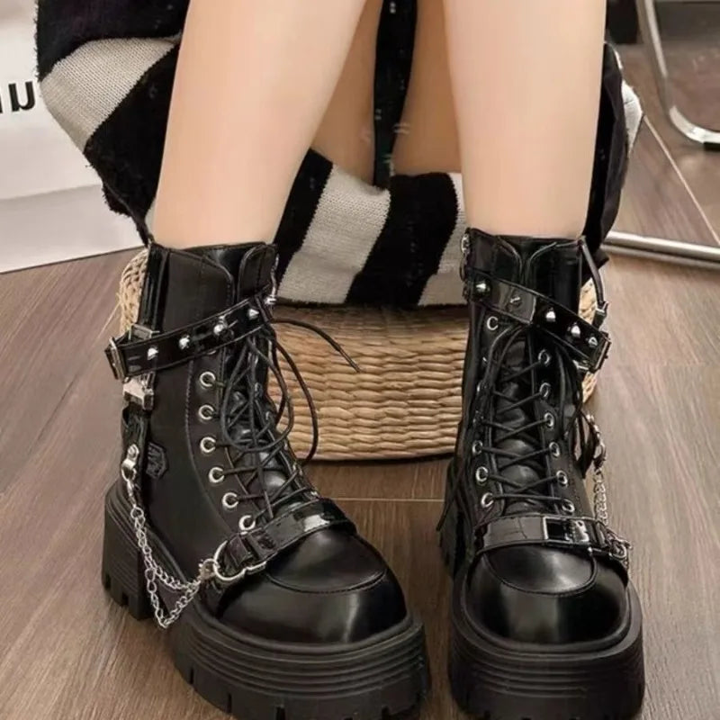 Women's Gothic Platform Ankle Boots – Punk Rivet Lace-Up Motorcycle Boots