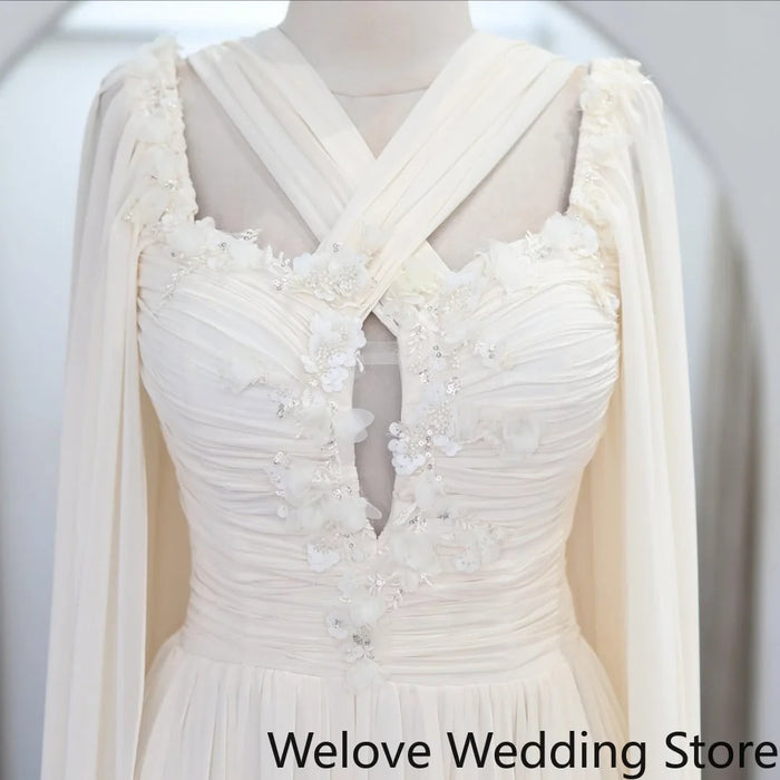 Wedding Dress Featuring Wrap Crisscross Halter Neck Center Front Keyhole Cutout, Floral Lace Embellished Fitted Bodice