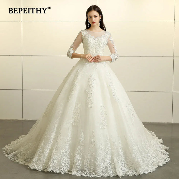 Lace Wedding Ball Gown | Three-Quarter Illusion Sleeves | Braviixx