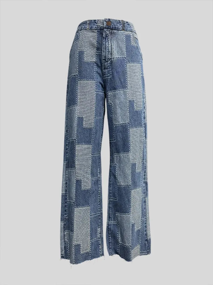 2026 Women Patchwork High Waist Wide Leg Jeans Two Tone Floor Length Y2K Casual Denim Pants Women's Pants & Trousers
