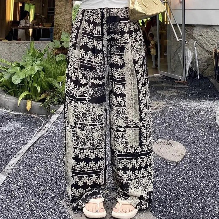 Retro Print Design Palazzo Pants Women's Summer Lightweight Loose Slimming Drapey Plus Size Casual Straight Leg Sports Pants