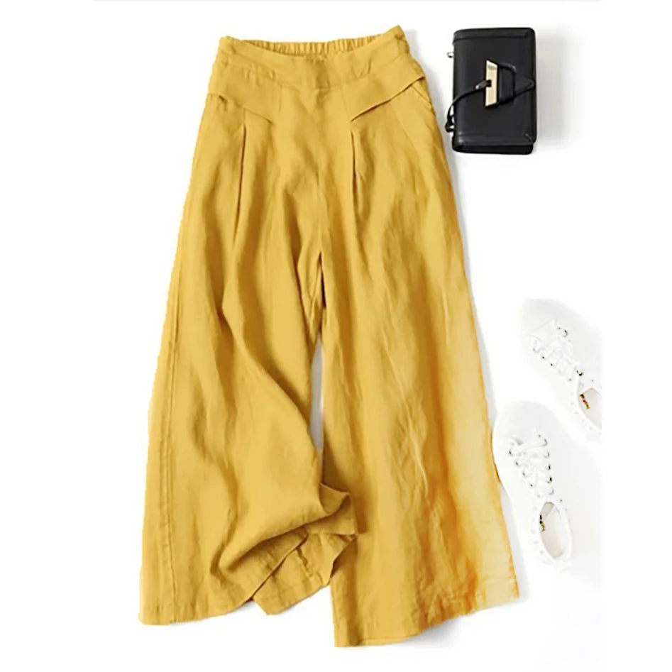 2026 Summer Women's Culottes Cotton Linen Cropped Wide Leg Pants Elastic Waist Casual Palazzo Clean Fit Trousers with Pockets