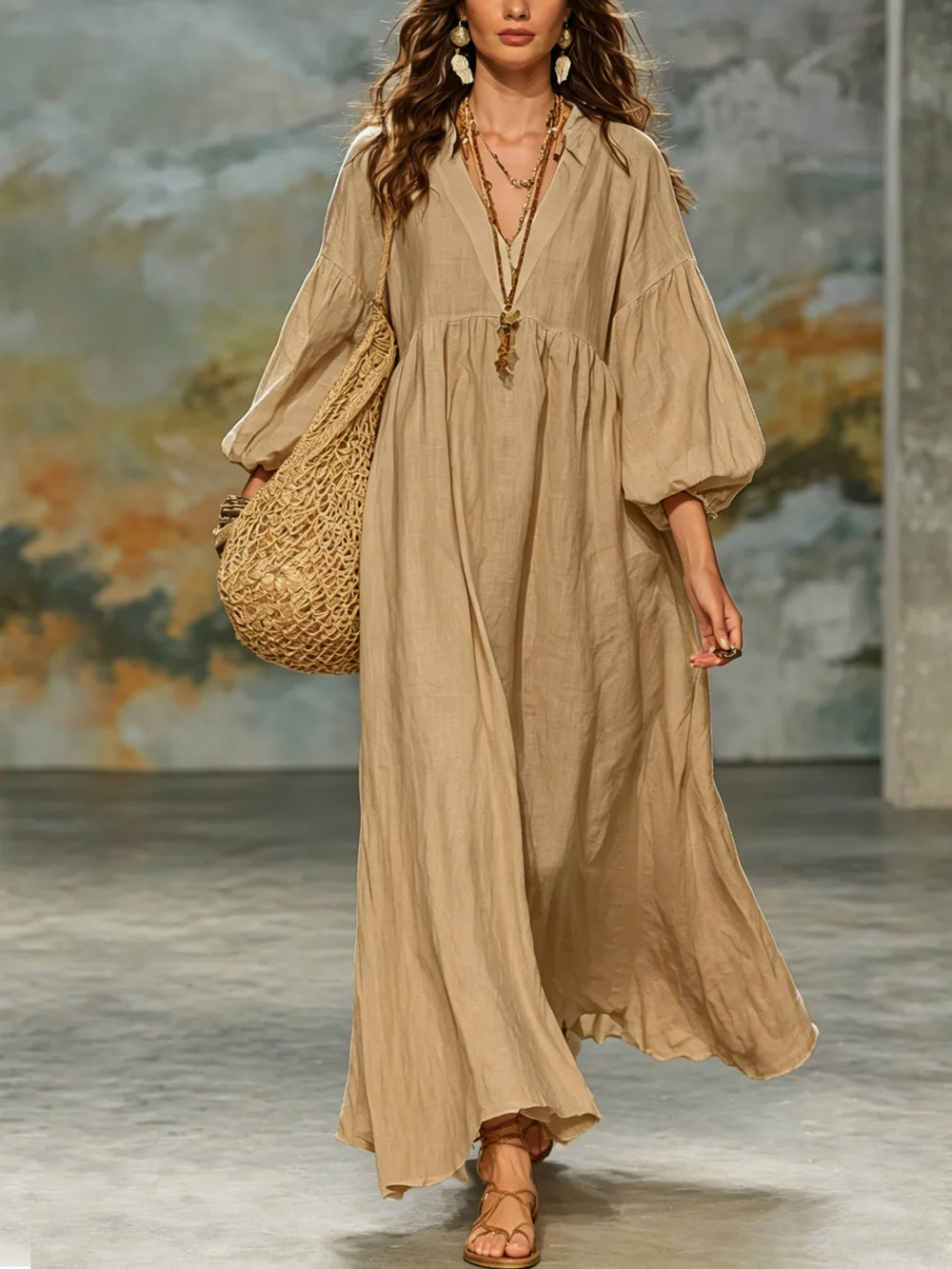 Women Bohemian Linen Maxi Dress V Neck Puff 3/4 Sleeve Loose Flowy Long Dress Casual Beach Vacation Sundress