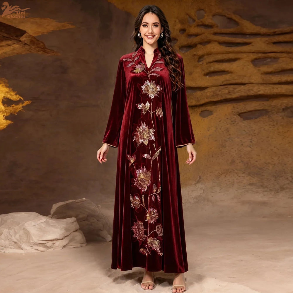 Floral Beaded Velvet Kaftan Dress | Long Sleeves | Braviixx