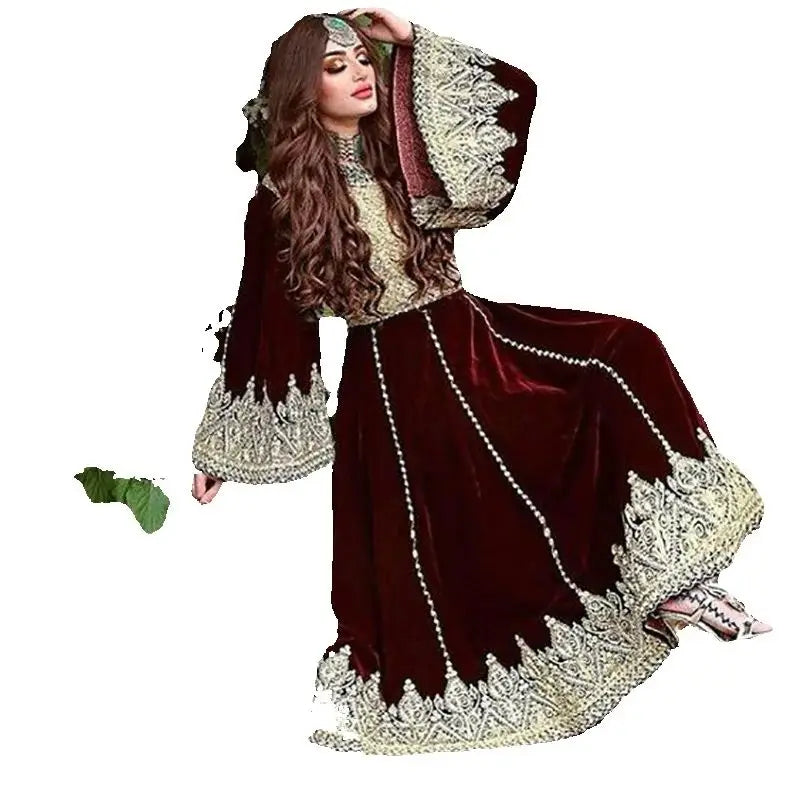 Burgundy Velour Kaftan Dress | Ornate Bell Sleeves | Braviixx
