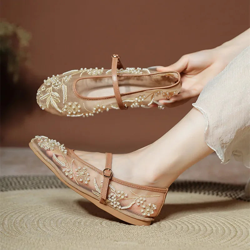 White Pearl Mesh Embroidery Ballet Flats Women Elegant String Bead Flat Sandals Light Summer Mary Jane Shoes Zapatos De Mujer