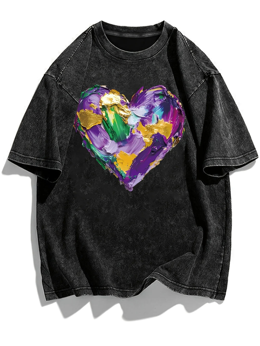 Vintage Washed Black Graphic Tee Women Men 2025 Summer New Broken Heart Floral Print Loose Casual Short Sleeve Harajuku Top