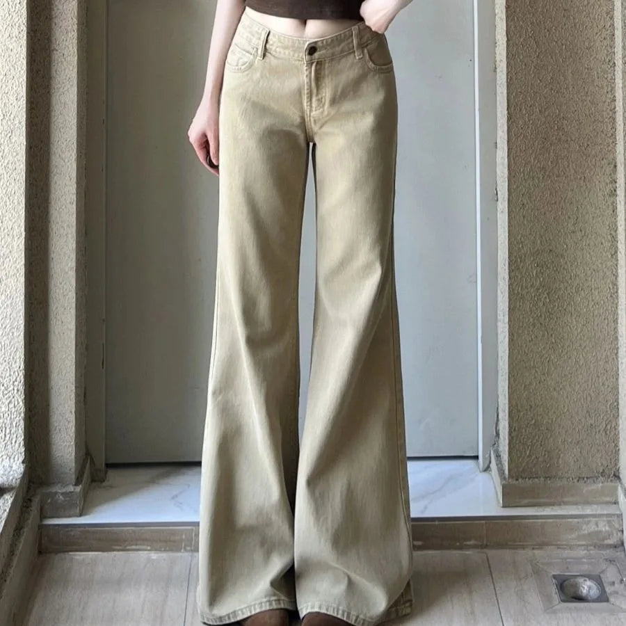 Women Loose Thin Flared Jeans 2026 Classic Female Low Waist Denim Trousers Girls Retro Fashion Khaki Straight Leg Pants