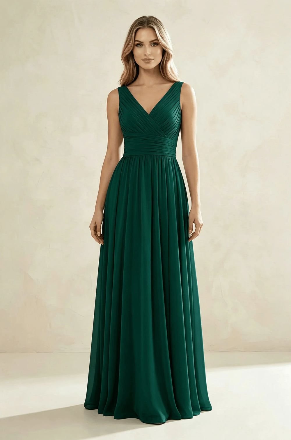 Deep V-Neck Sleeveless Chiffon A-Line Maxi Gown | Pleated Formal Wedding Guest Dress