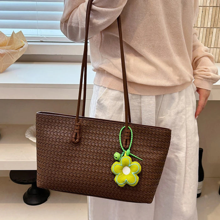 Women's Woven-Look Tote Bag | Flower Pendant & Shoulder Handles | Braviixx