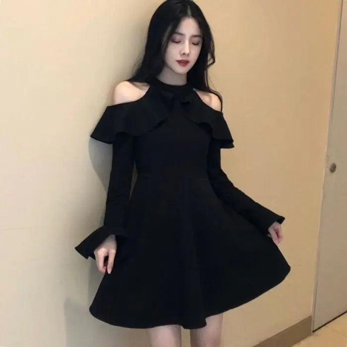 Off-the-shoulder Dress 2026 Women's Long-sleeved Thin Small Black Skirt