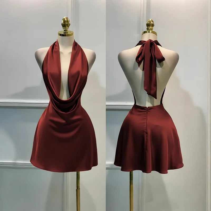 Satin Halter Mini Dress | Draped Neckline & Open Back | Braviixx
