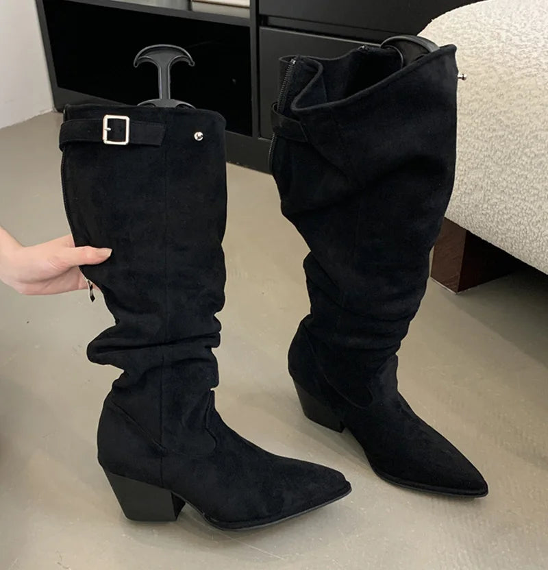 Faux Suede Western Boots | Buckle & Block Heel | Braviixx