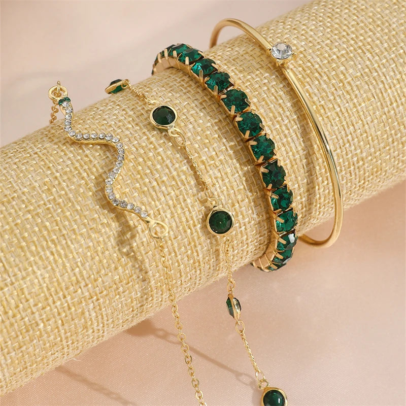 Green Stone Bracelet Set | 4-Piece Gold-Tone | Braviixx