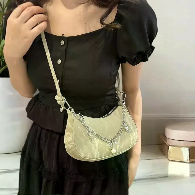 Crescent Shoulder Bag | Charm Chain & Knotted Strap | Braviixx