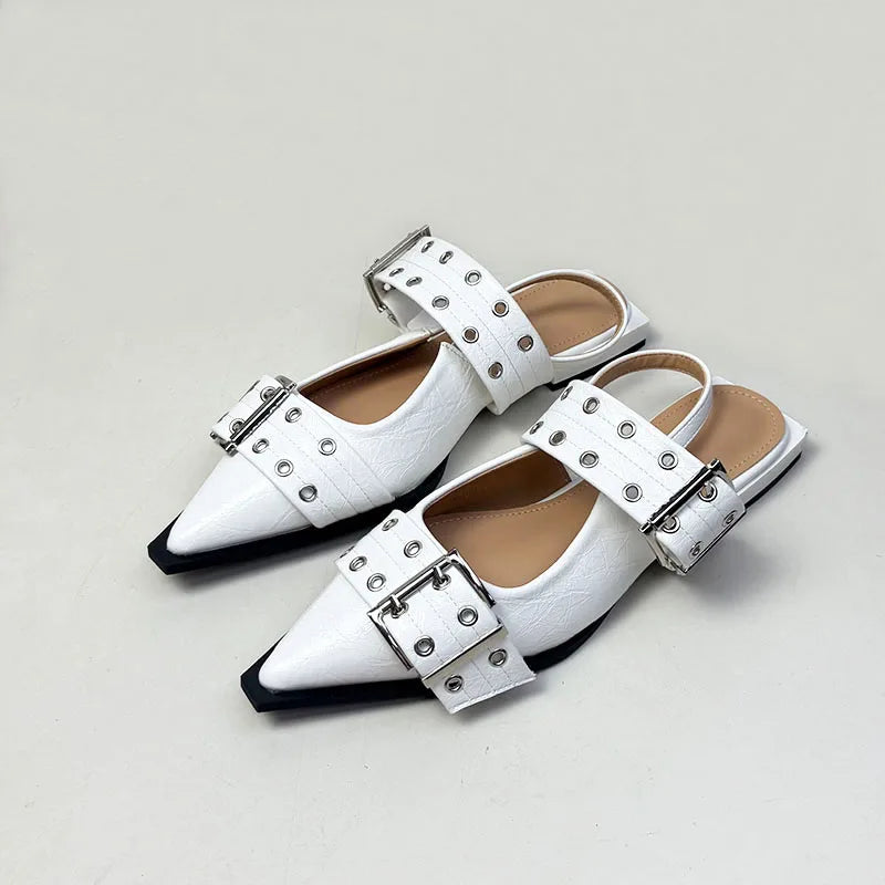 New Sandals Women Flats Shoes Fashion Metal Buckle Shoes Spring Pointed Toe Shallow Footwear Slingbacks Ladies Sandals