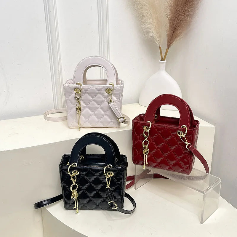 Women's Diamond Quilted Mini Square Handbag | Top Handle · Gold Chain · Crossbody | Black · Burgundy · White | Braviixx