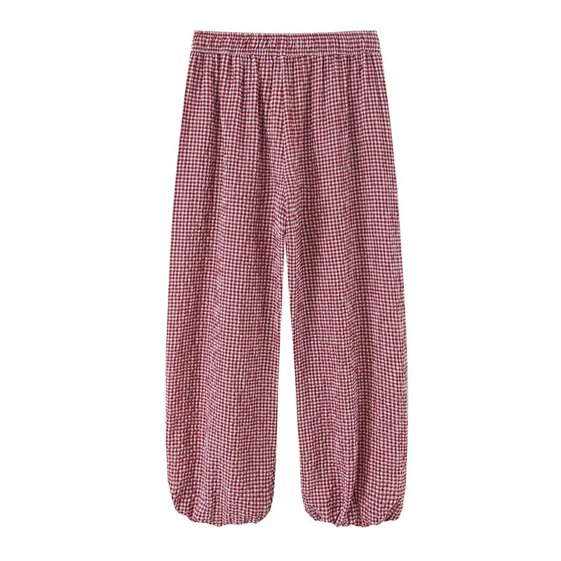 Women's Long Pants 2026 Summer New Style Red Plaid Drawstring Lantern Pants Long Pants Beach Vacation Casual Fashion