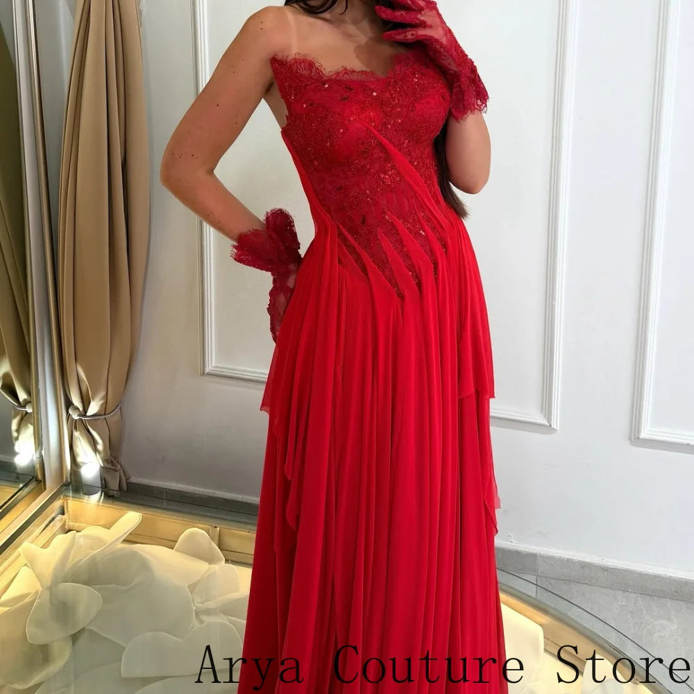 Red Wedding Guest Formal Dress Strapless Scalloped Lace Neckline Sparkly Sequin Embellished Bodice Cascading Draped Chiffon