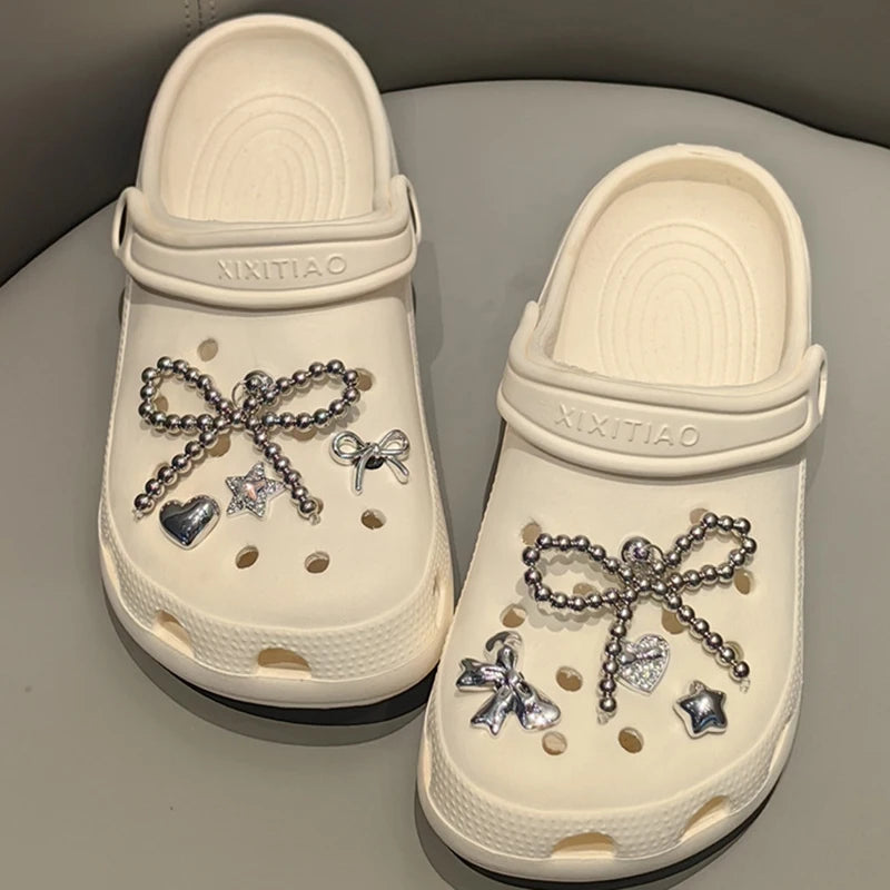 Pearl Bowknot Shoe Charm Set | DIY Detachable Shoe Buckle Decor | Punk Heart & Flowers | 3 Colors