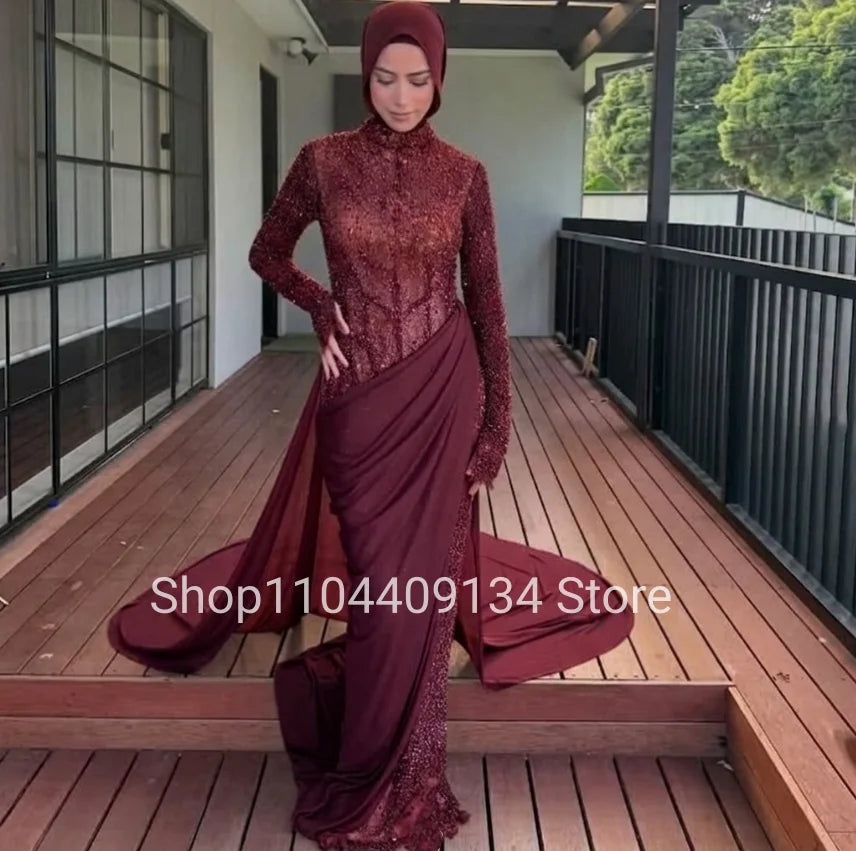 Beaded High-Neck Evening Gown | Long Sleeves & Draped Skirt | Braviixx