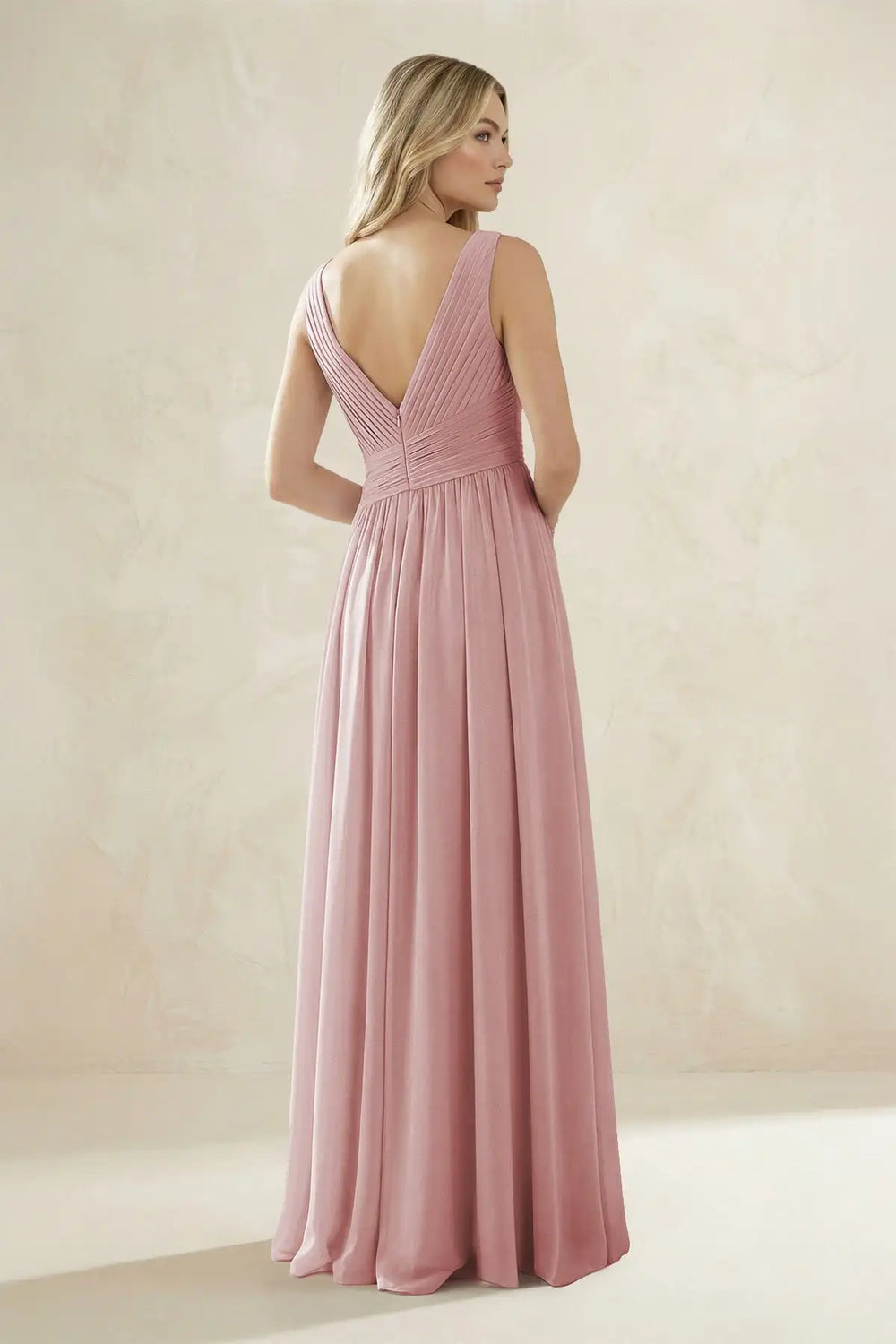 Deep V-Neck Sleeveless Chiffon A-Line Maxi Gown | Pleated Formal Wedding Guest Dress