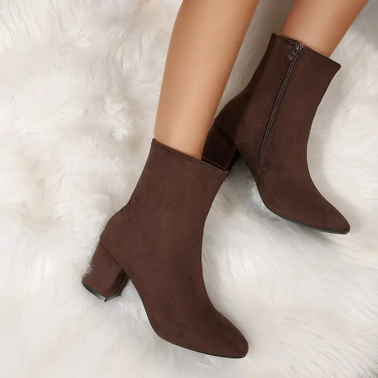 Faux Suede Ankle Boots | Side Zip & Block Heel | Braviixx