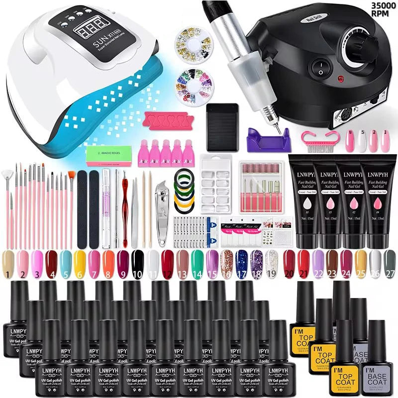 27-Color UV/LED Gel Nail Kit with Lamp & Drill | 4 Extension Gels | Braviixx
