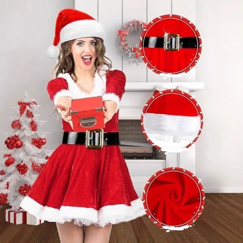 Women's Santa Costume Set | Red Dress, Hat, Gloves & Belt | Braviixx