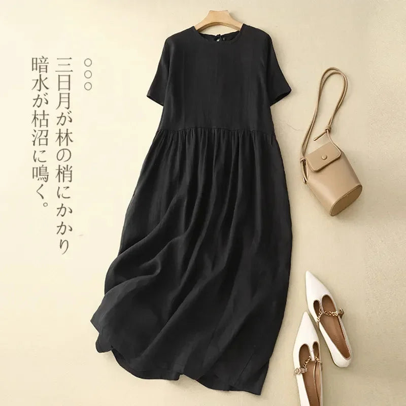 Women's Linen Cotton Casual Dress Round Neck Short Sleeve A-Line Loose Summer Maxi Dress