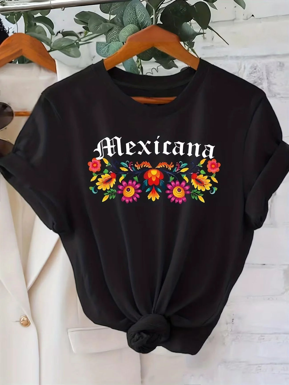 Mexican Embroidery Floral Women's Tee - Vibrant Folk Art Graphic, Casual Black Top T Shirt Women Clothing Graphic T Shirts