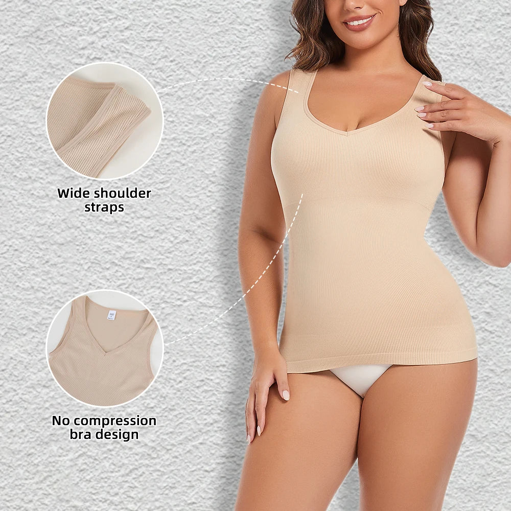 Womens Tummy Control Shapewear Tank Top with V Neck Seam-free Body Shaper Slimming Compression Tank Top