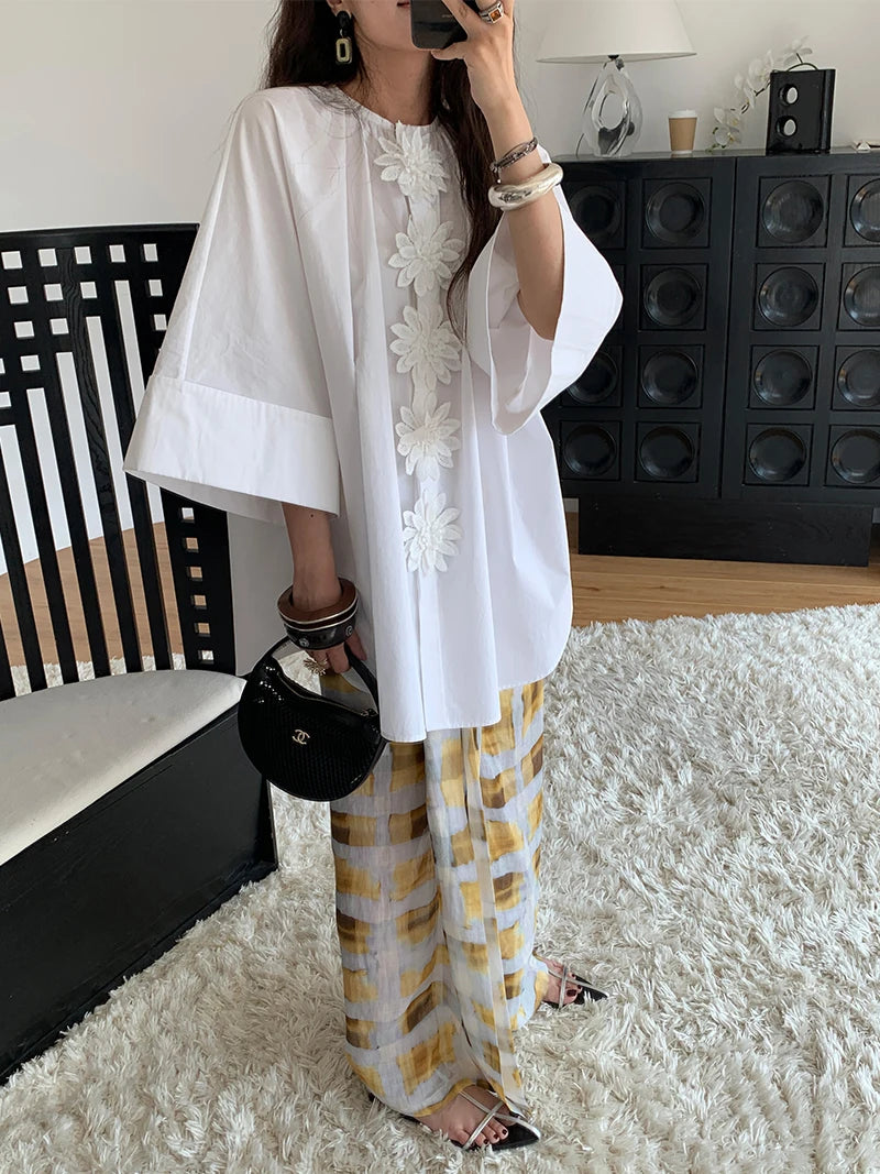 CHEERART Designer Cotton White Oversized Shirt For Woman Applique Half Sleeve Button Up Shirts Blouse 2026 Fashion Clothes