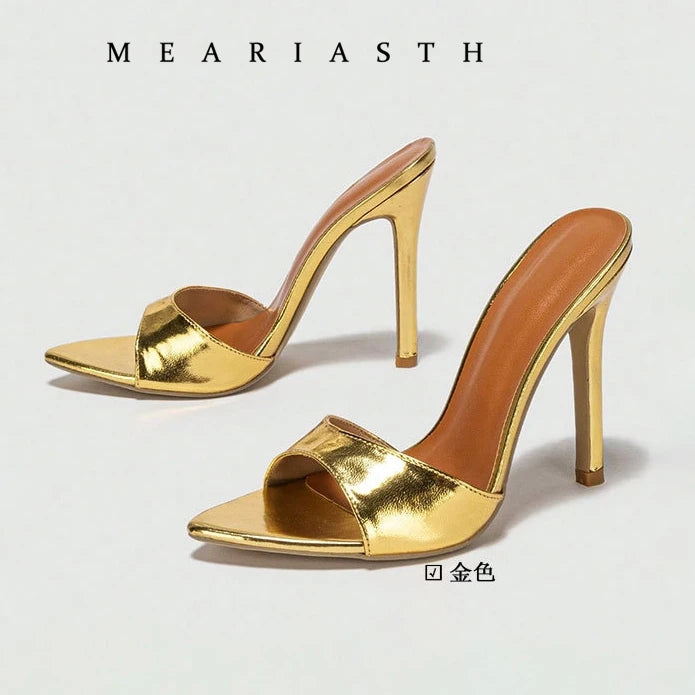 Ladies High-heeled Slippers Shoes Fashion Pointed Sexy Patent Leather Women with Open Toes and Party Wedding Stripper Sandals.
