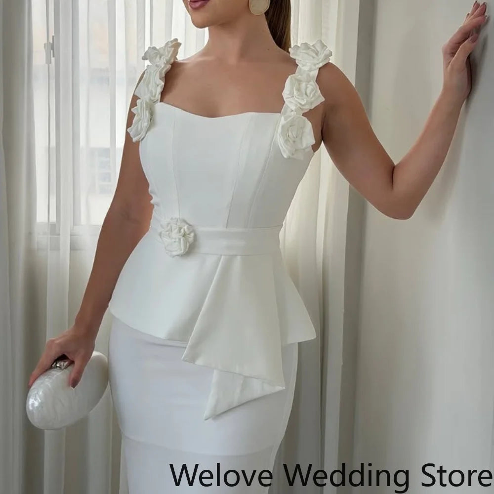 Customized Elegant White Wedding Guest Cocktail Dress 3D Flower Decorated Shoulder Straps Corset Bodice Floral Waist