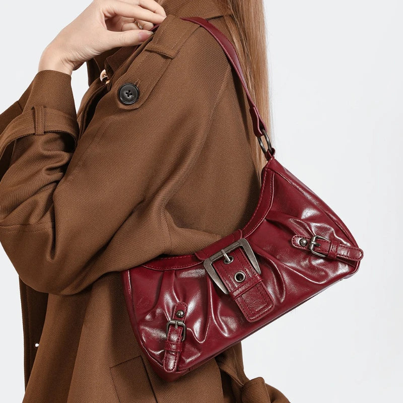 Pleated Hobo Shoulder Bag | Glossy Finish & Buckle Details | Braviixx
