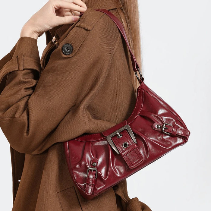 Pleated Hobo Shoulder Bag | Glossy Finish & Buckle Details | Braviixx