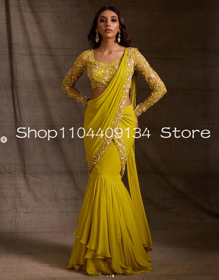 Embroidered Mermaid Saree Set | Long Sleeves | Braviixx