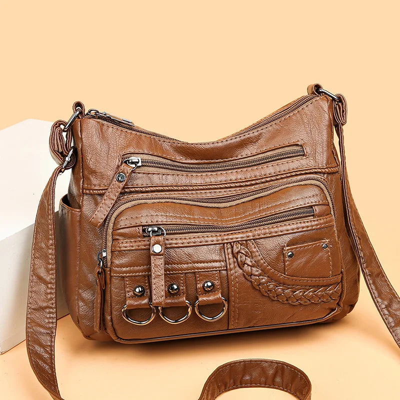Vintage Multi-Pocket Crossbody Bag | Braided Trim & Ring Details | Braviixx