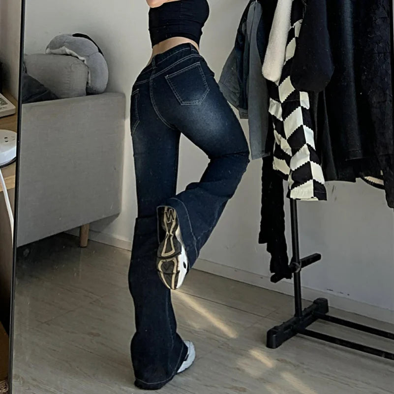 New Flare Jeans Women's Low Waist Trousers Vintage Aesthetic Denim Pants Streetwear Mom Casual Korean Fashion Y2k Jeans