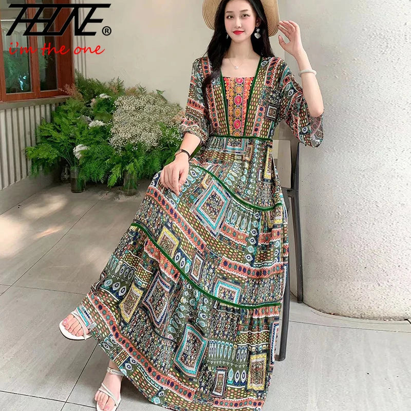 Boho Print Maxi Dress | Square Neck & Tiered Skirt | Braviixx